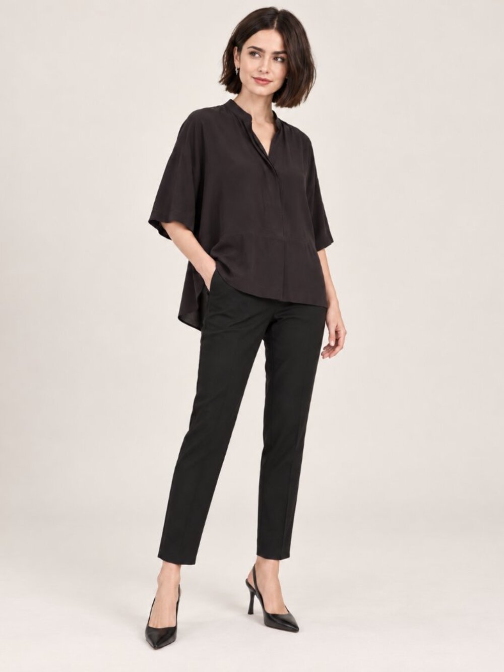 J.Crew Black 100% Silk Oversized Popover Tunic Blouse High Low Size S